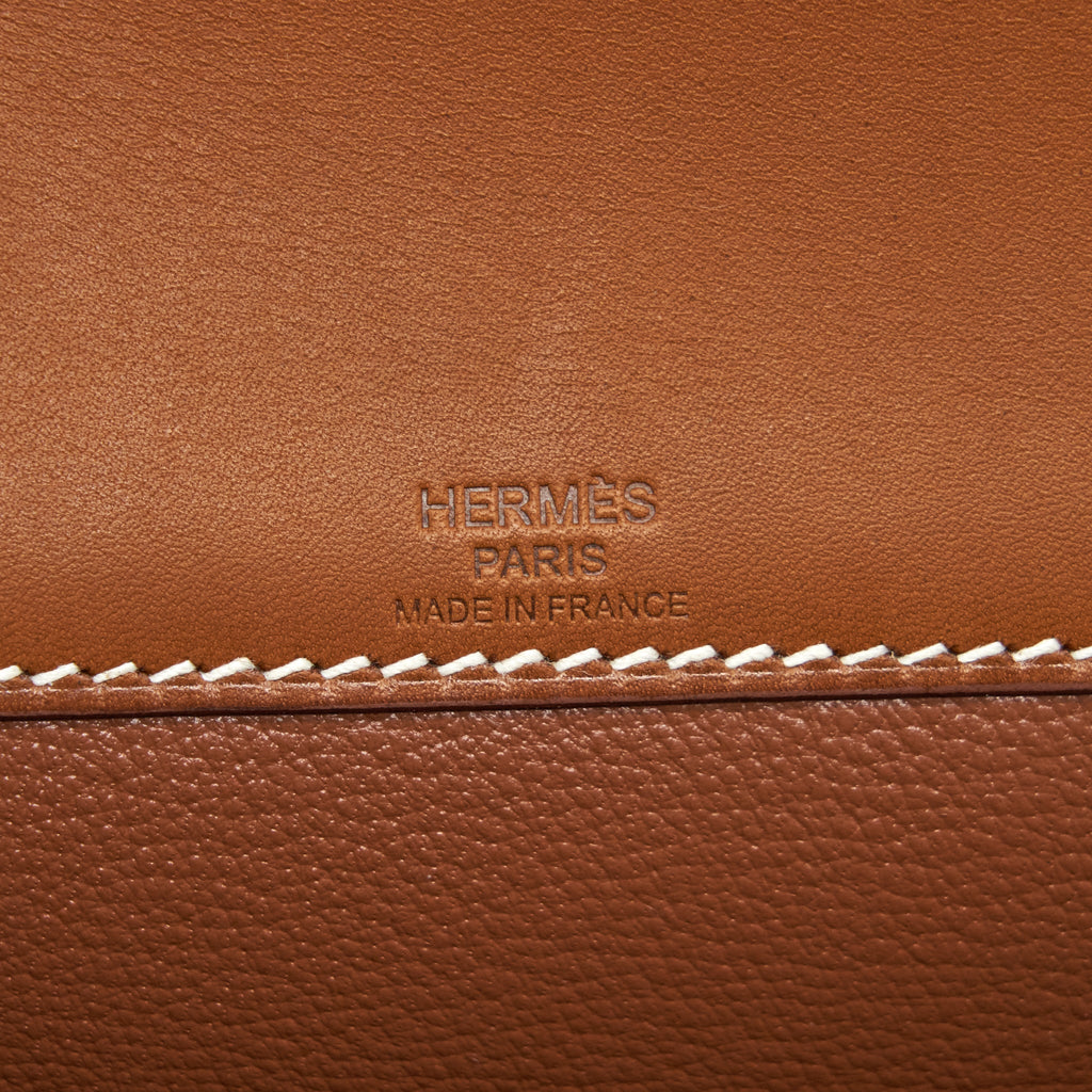 HERMES POCHETTE KELLY DEPECHES 25 CANVAS/BARENIA LEATHER ECRU BEIGE/ FAUVE GHW