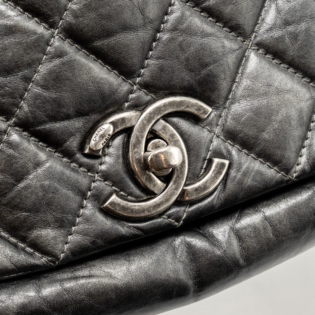 CHANEL DETAILED CHAIN SINGLE FLAP BAG CALFSKIN CHARCOAL GREY SHW