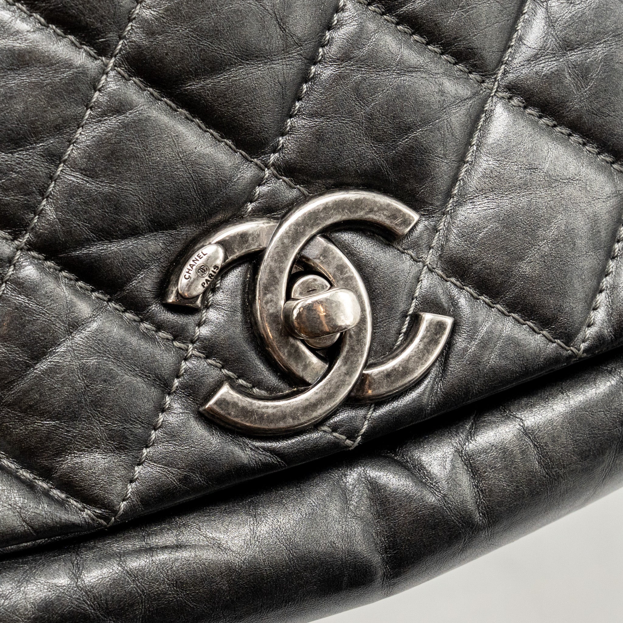 CHANEL DETAILED CHAIN SINGLE FLAP BAG CALFSKIN CHARCOAL GREY SHW