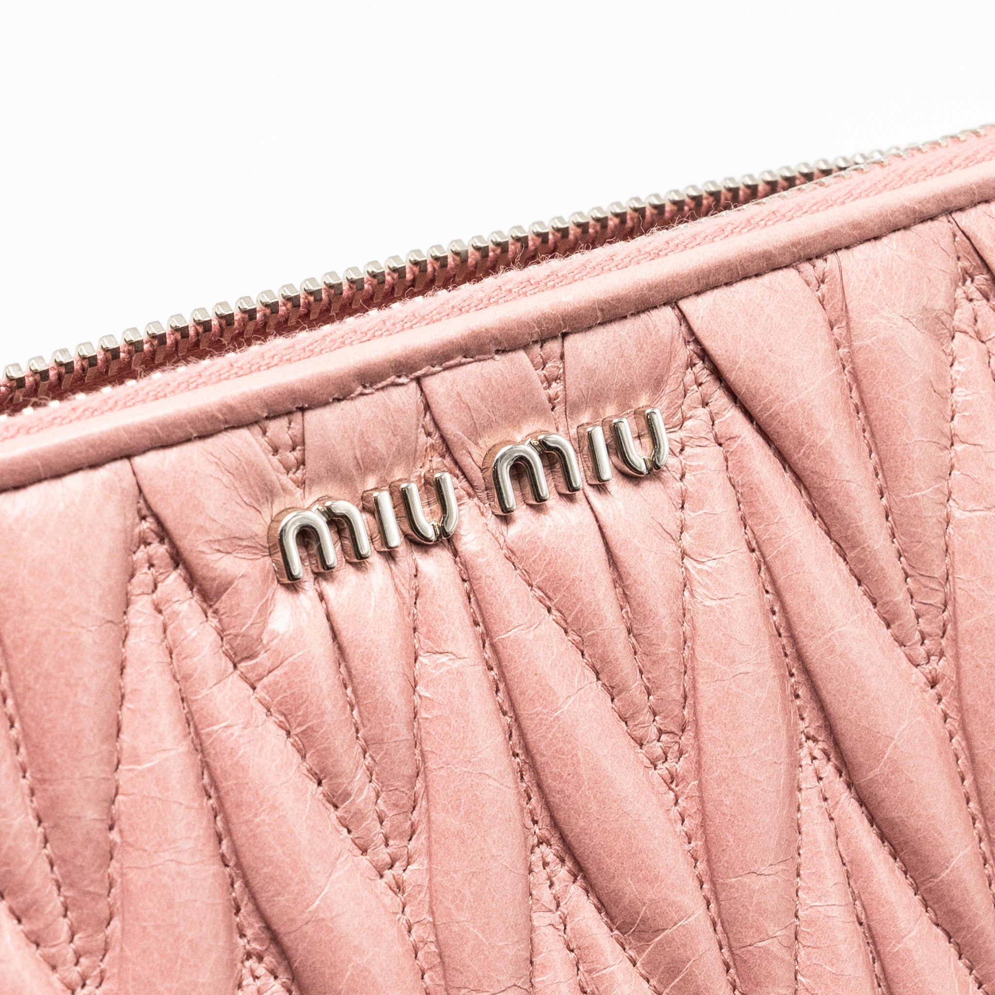 MIU MIU MATELASSE LEATHER ZIP AROUND LONG WALLET PINK SHW