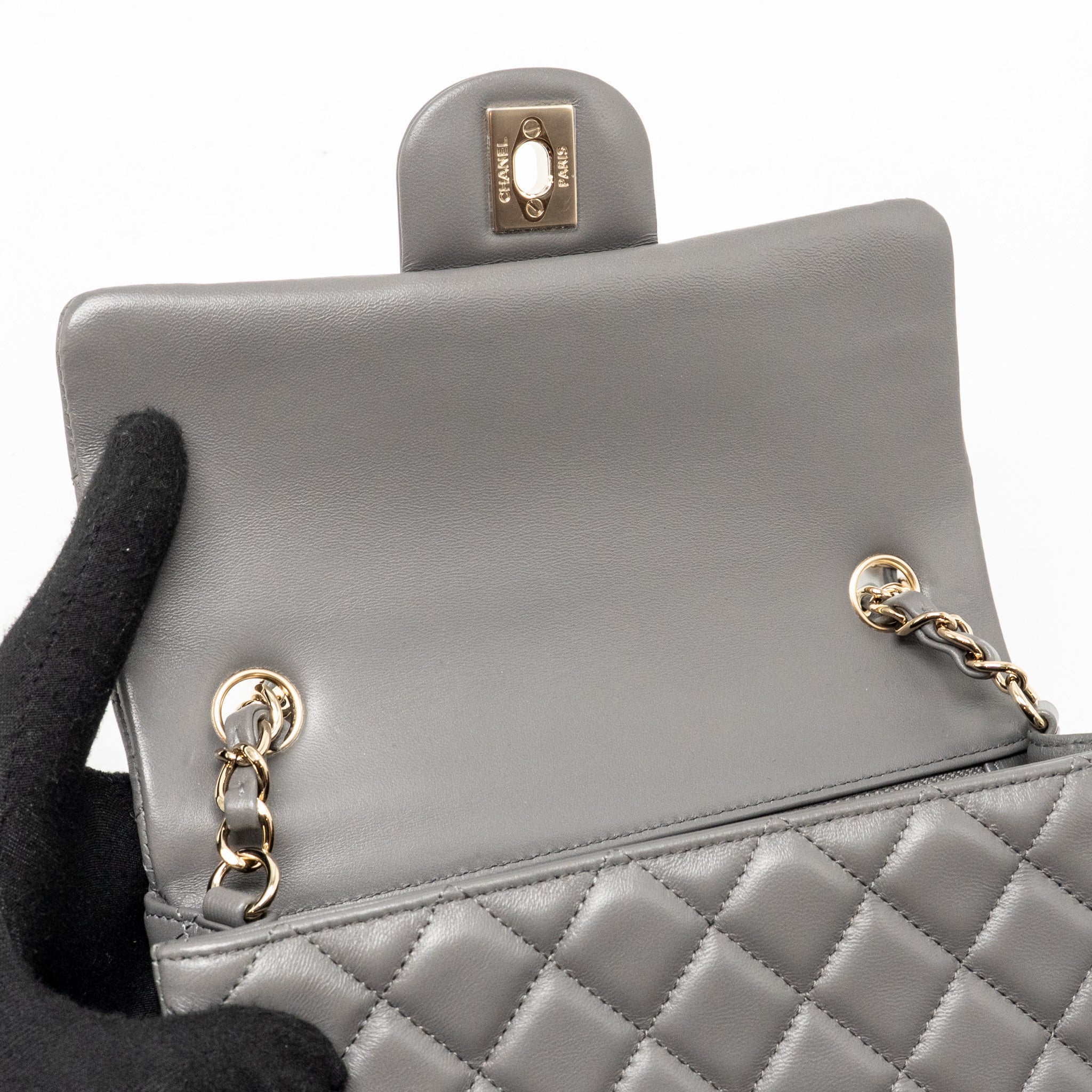 CHANEL MINI RECTANGULAR FLAP BAG LAMBSKIN GREY LGHW (MICROCHIP)