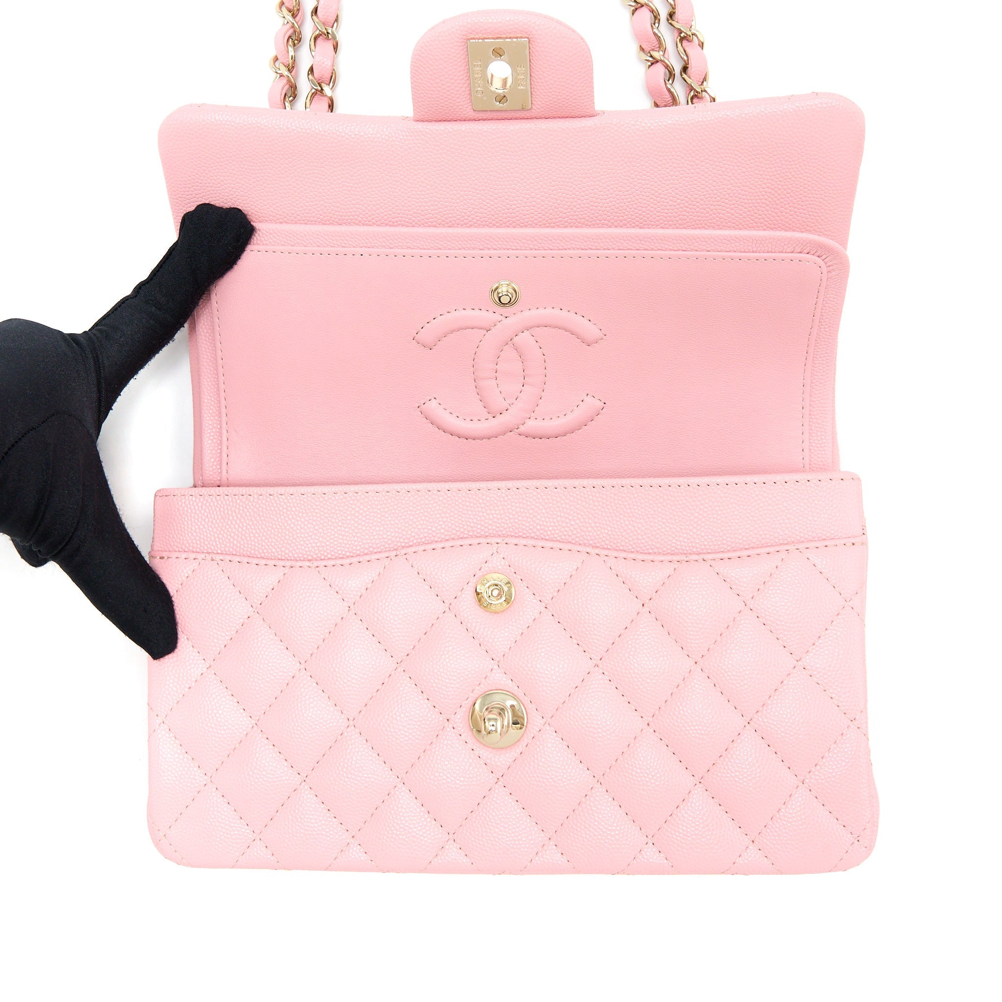 CHANEL 22C SMALL CLASSIC DOUBLE FLAP BAG CAVIAR PINK LGHW (MICROCHIP)