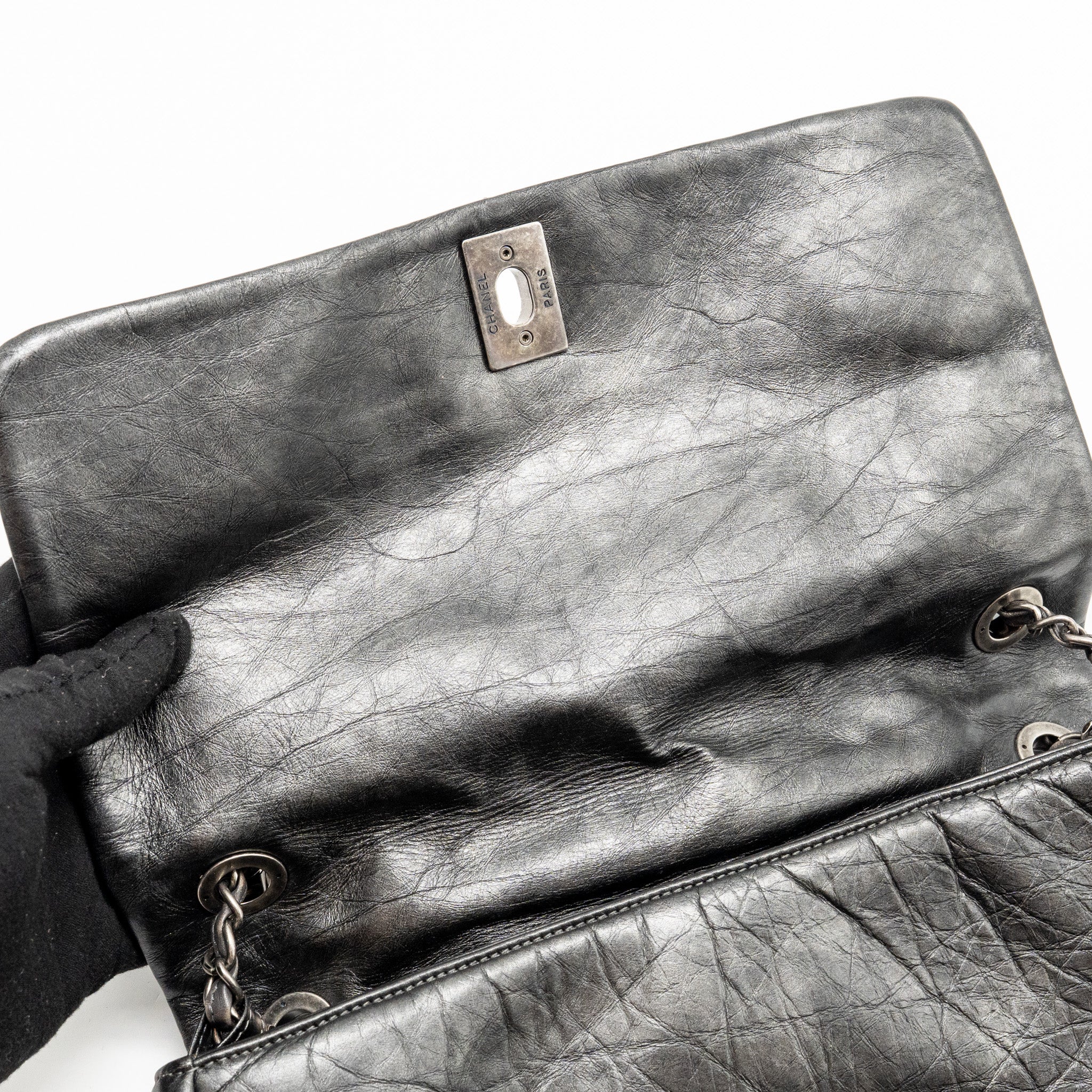 CHANEL DETAILED CHAIN SINGLE FLAP BAG CALFSKIN CHARCOAL GREY SHW