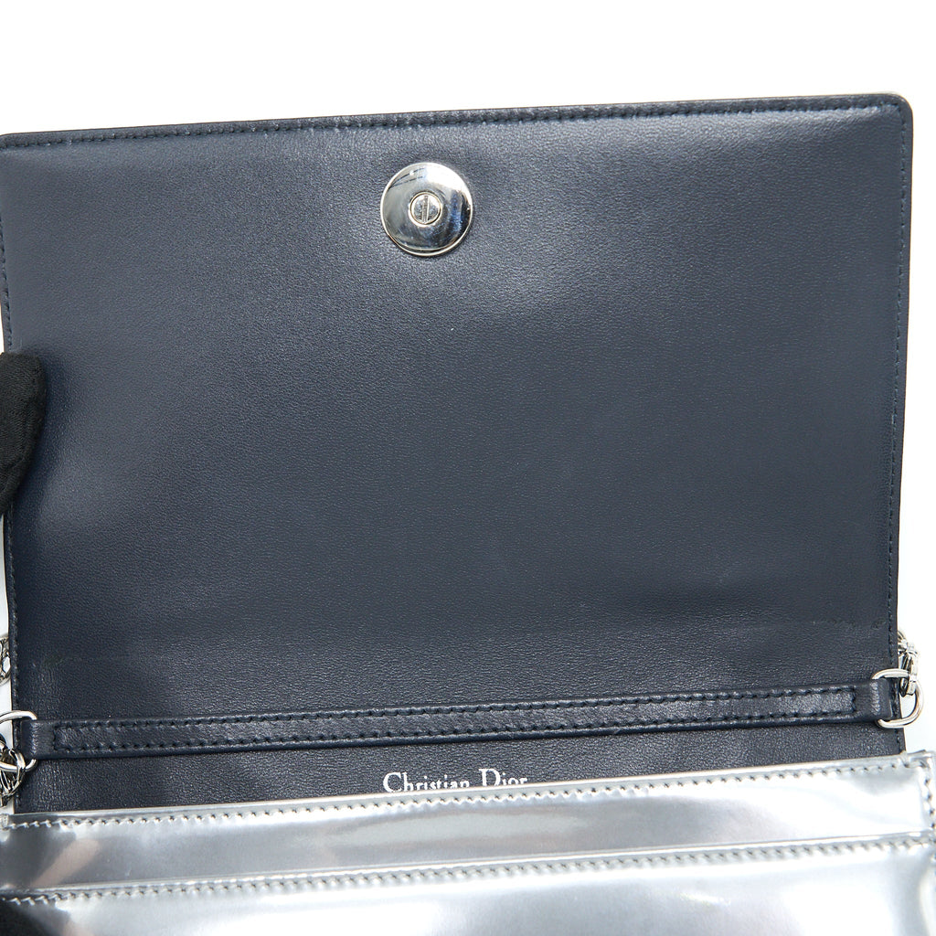 DIOR DIORAMA WALLET ON CHAIN PATENT METALLIC SILVER SHW