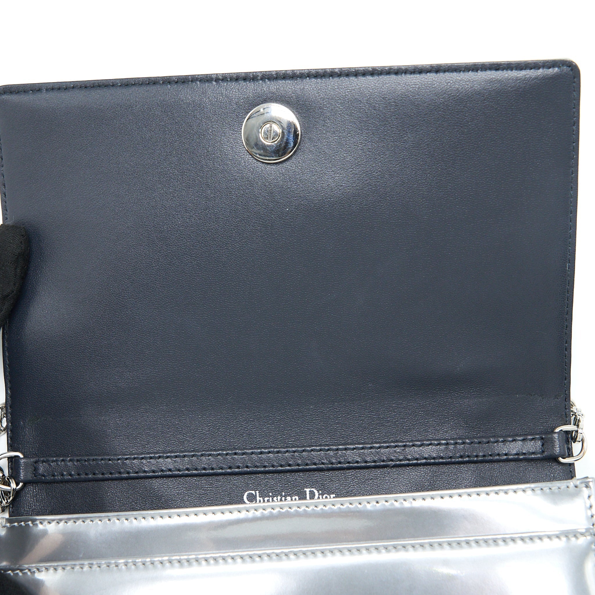DIOR DIORAMA WALLET ON CHAIN PATENT METALLIC SILVER SHW