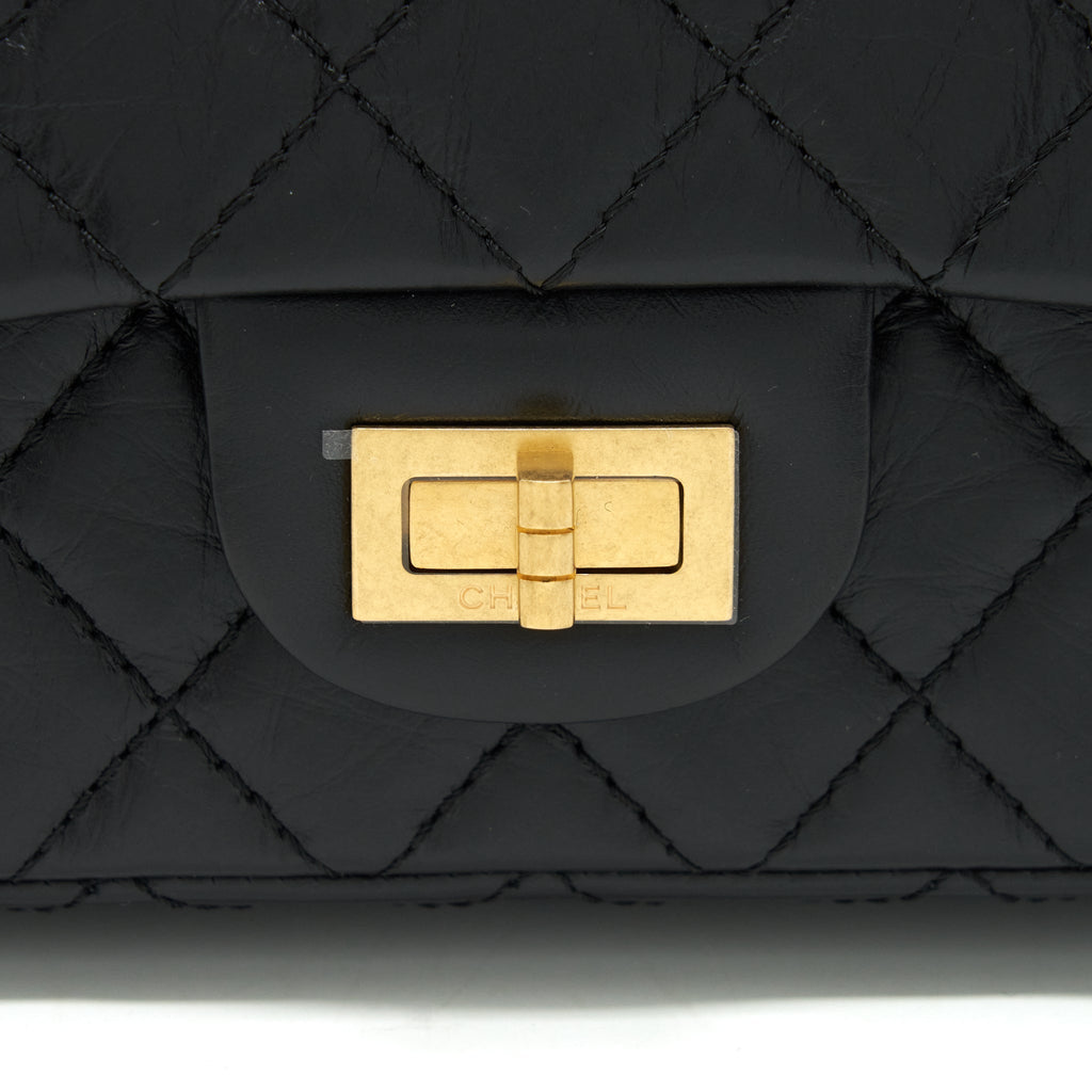CHANEL MINI 2.55 REISSUE FLAP BAG AGED CALFSKIN BLACK BRUSHED GHW (MICROCHIP)