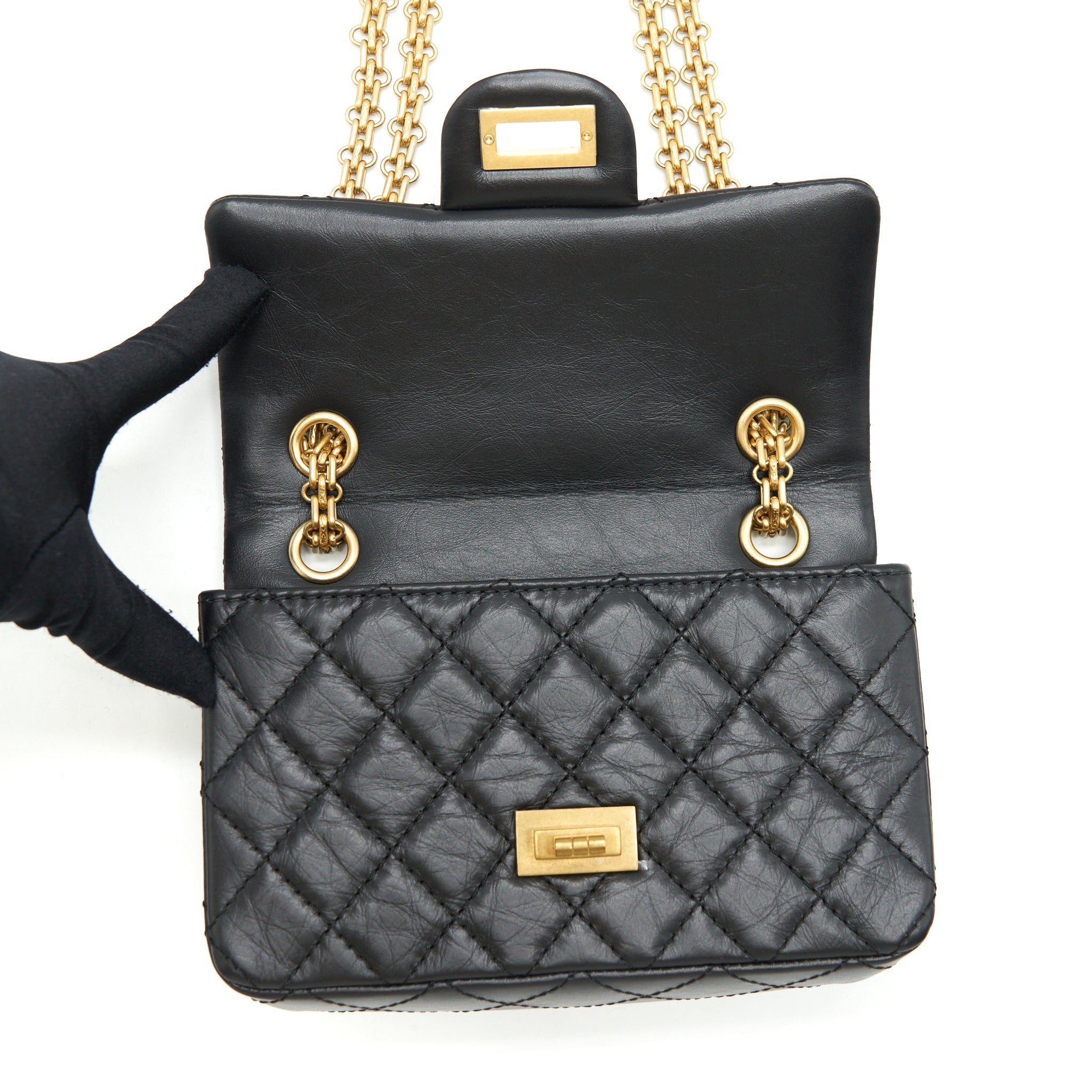 CHANEL MINI 2.55 REISSUE FLAP BAG AGED CALFSKIN BLACK BRUSHED GHW (MICROCHIP)
