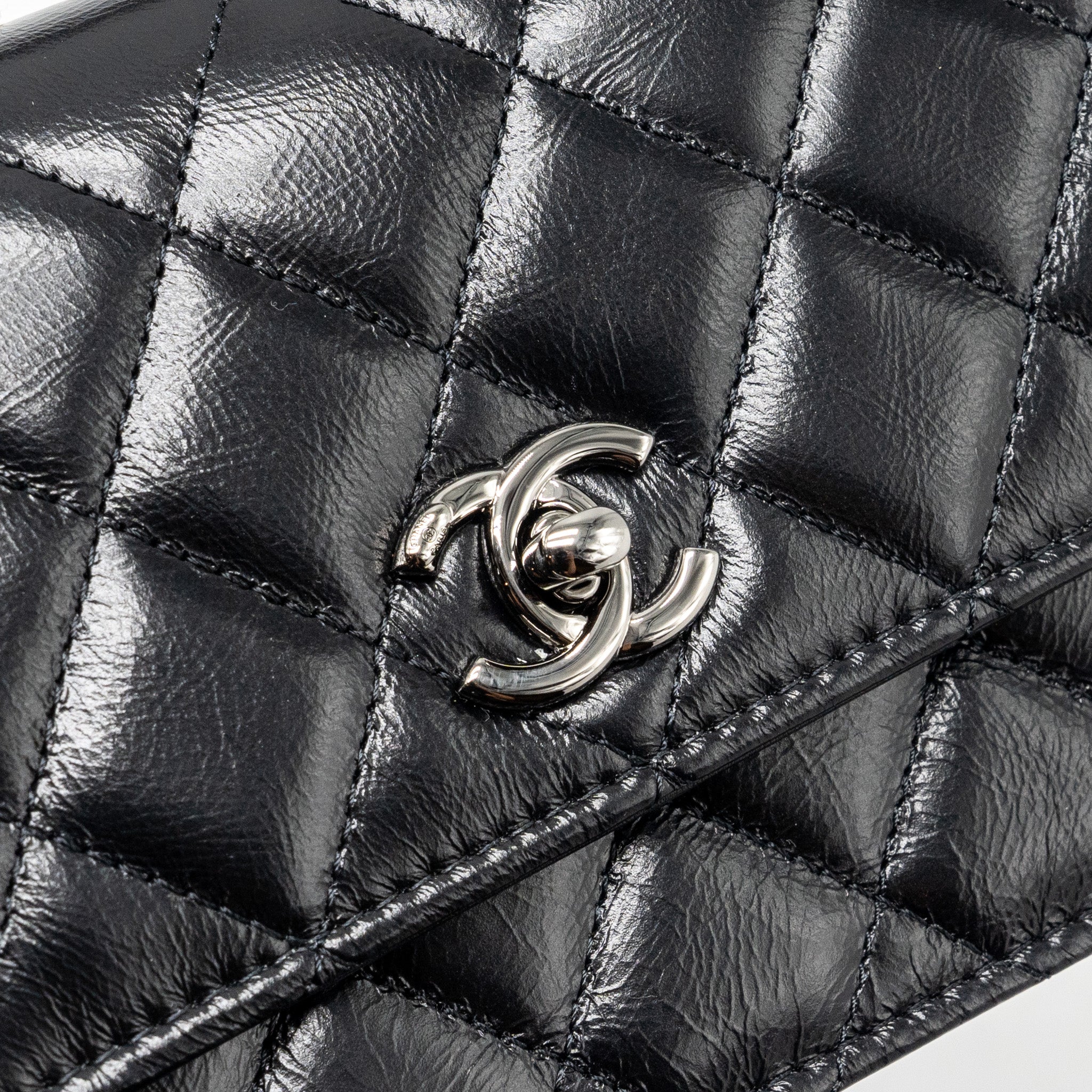 CHANEL CRYSTAL TOP HANDLE MINI FLAP BAG CALFSKIN BLACK WITH BLACK HARDWARE (MICROCHIP)