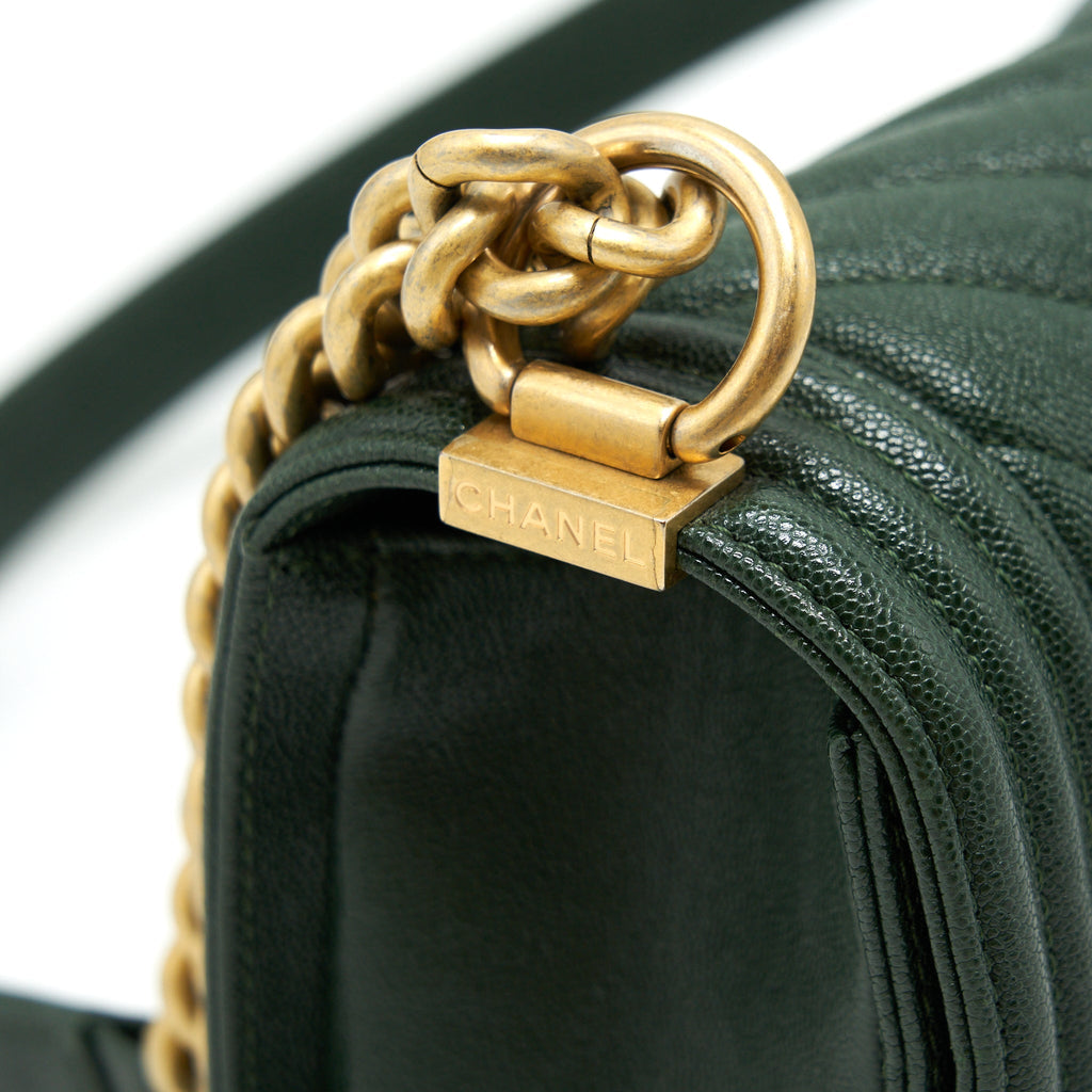 CHANEL CHEVRON MEDIUM BOY BAG CAVIAR GREEN BRUSHED GHW
