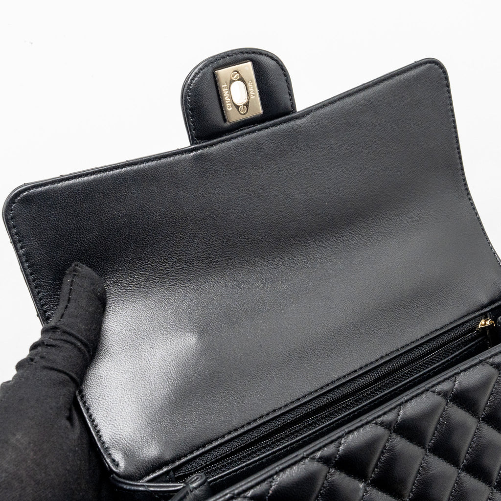 CHANEL CRYSTAL DETAILED TOP HANDLE FLAP BAG LAMBSKIN BLACK GHW (MICROCHIP)