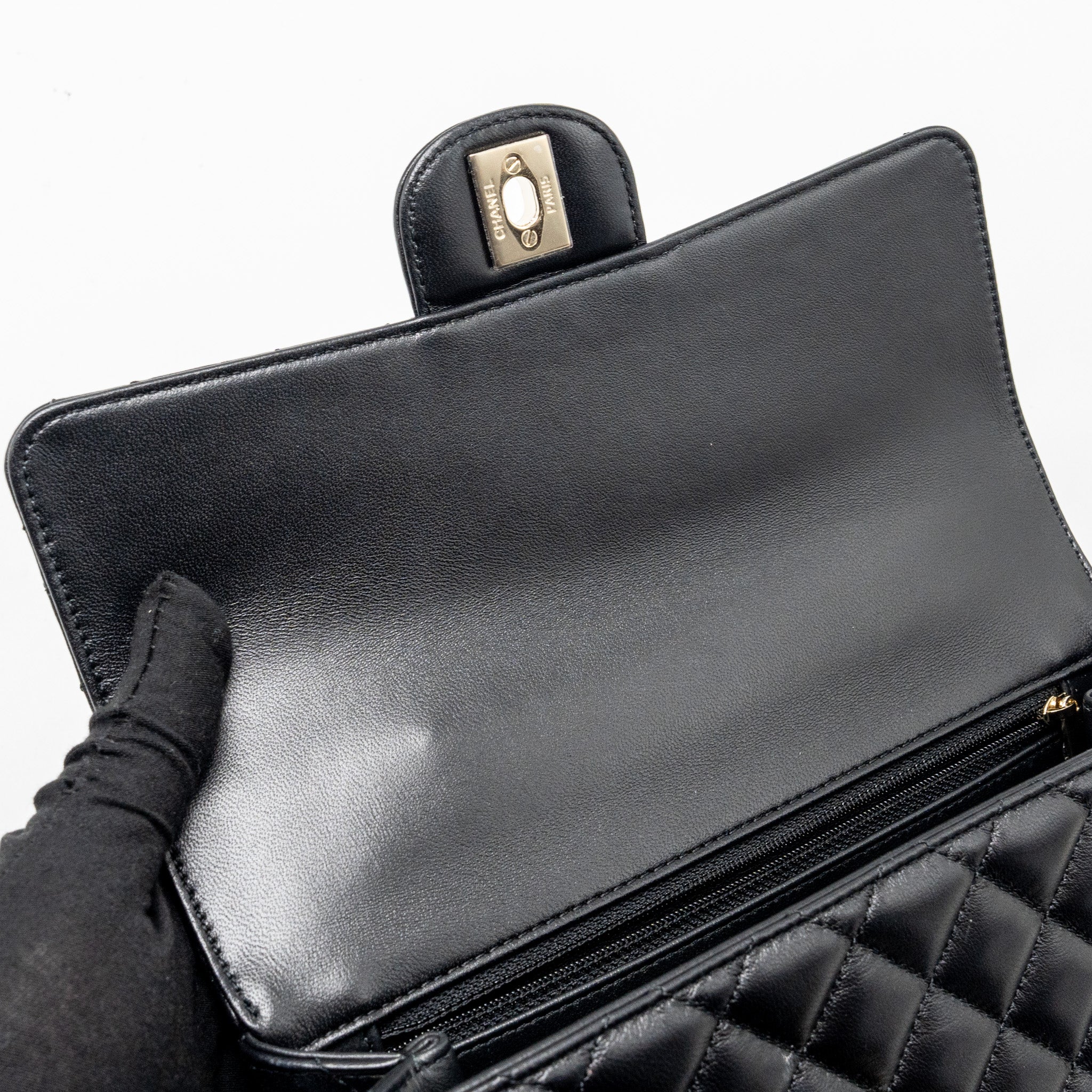 CHANEL CRYSTAL DETAILED TOP HANDLE FLAP BAG LAMBSKIN BLACK GHW (MICROCHIP)