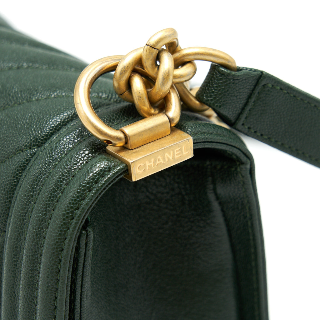 CHANEL CHEVRON MEDIUM BOY BAG CAVIAR GREEN BRUSHED GHW