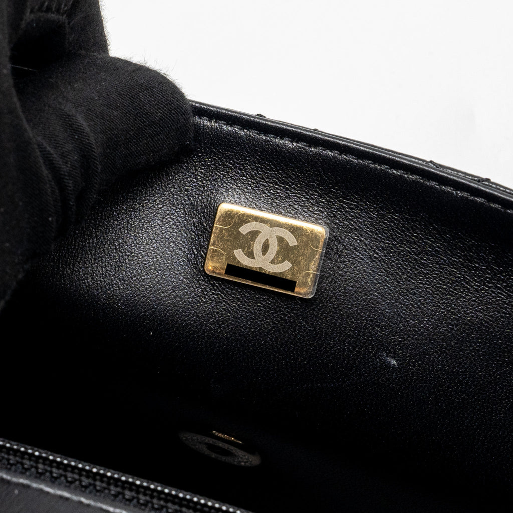 CHANEL CRYSTAL DETAILED TOP HANDLE FLAP BAG LAMBSKIN BLACK GHW (MICROCHIP)