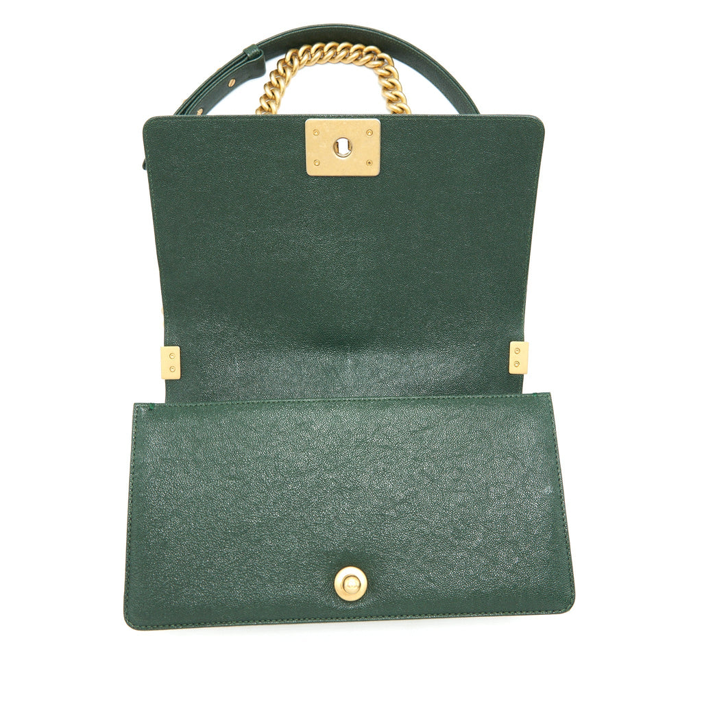 CHANEL CHEVRON MEDIUM BOY BAG CAVIAR GREEN BRUSHED GHW