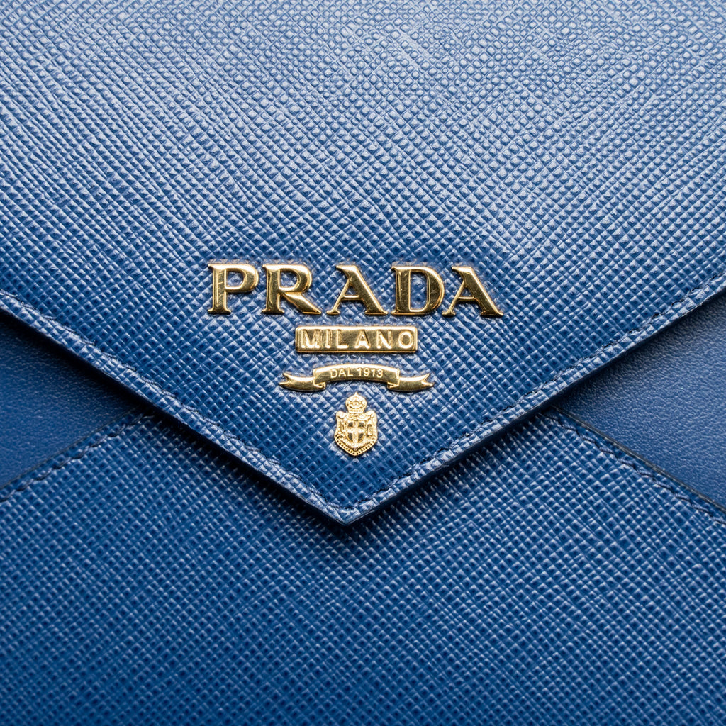 PRADA SAFFIANO CLUTCH CALFSKIN BLUE GHW