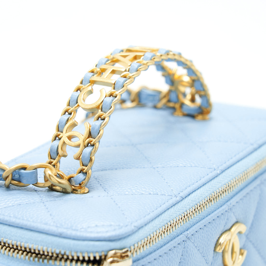 CHANEL 22S LONG VANITY CASE WITH LETTER HANDLE CAVIAR LIGHT BLUE GHW