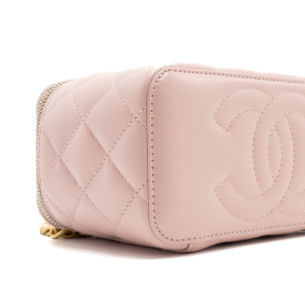 CHANEL LONG VANITY CASE CAMELLIA CHAIN LAMBSKIN  LIGHT PINK GHW (MICROCHIP)
