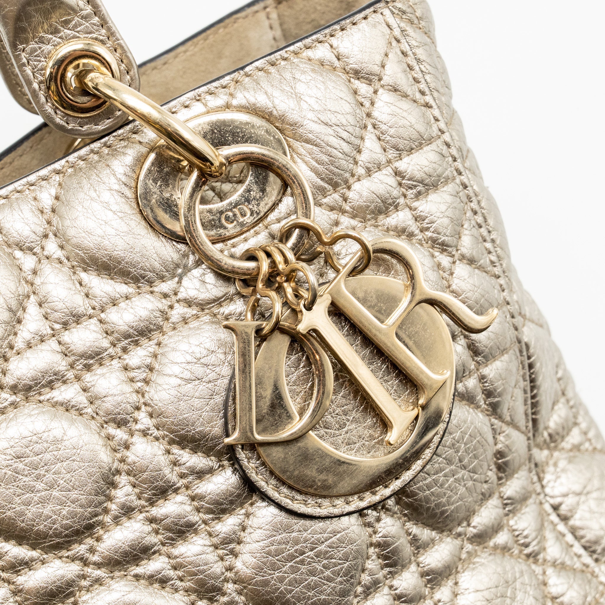 DIOR MEDIUM LADY DIOR CANNAGE CALFSKIN METALLIC GOLD LGHW