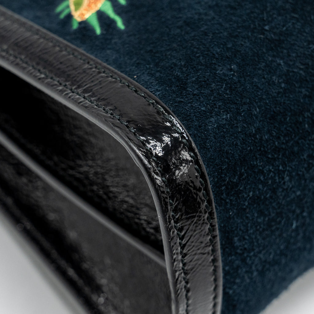 GUCCI OPHIDIA CHAIN BAG DRAGON EMBROIDERED SUEDE BLUE/BLACK/MULTICOLOUR GHW