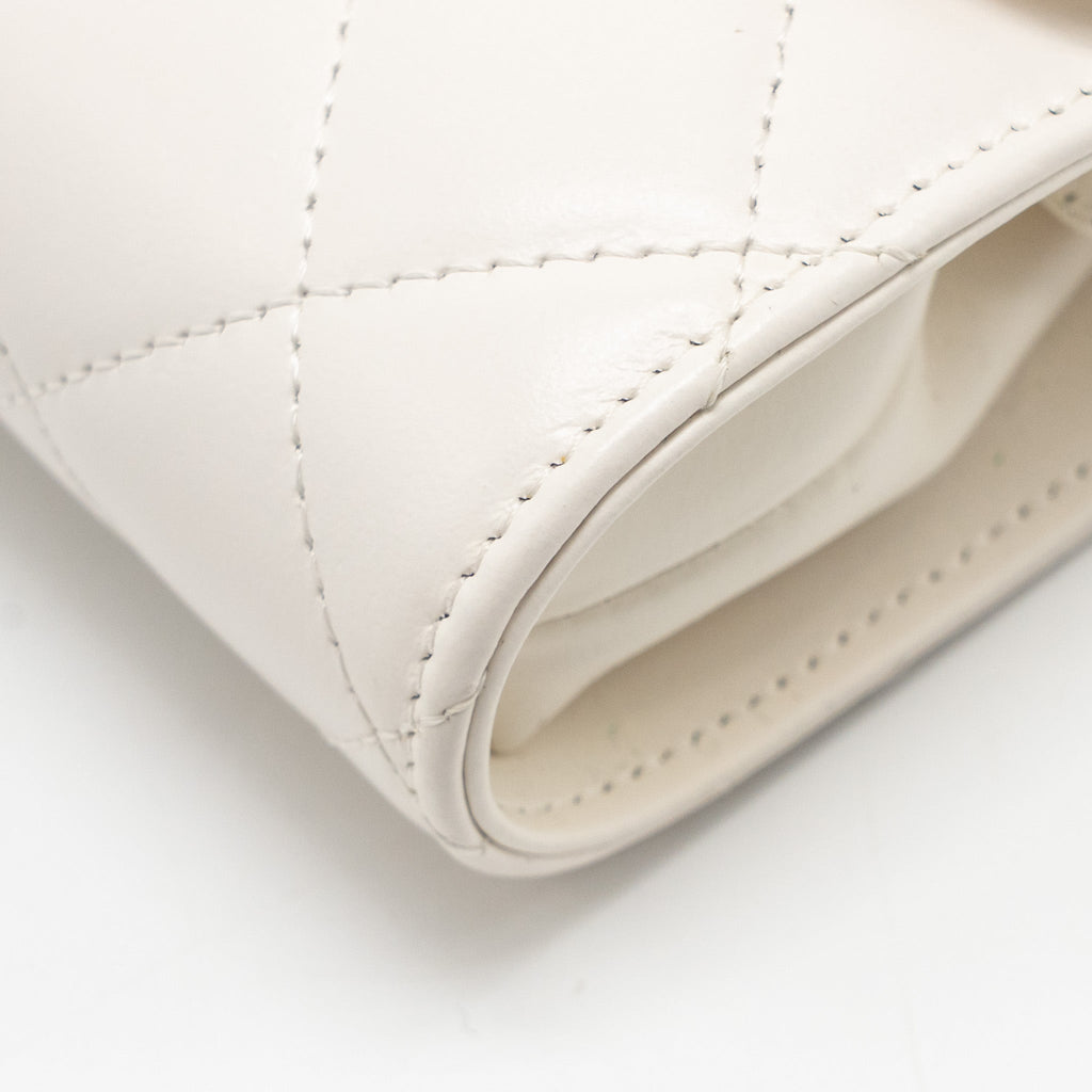 CHANEL TOP HANDLE FLAP KISS LOCK MINI CLUTCH WITH CHAIN LAMBSKIN WHITE LGHW (MICROCHIP)