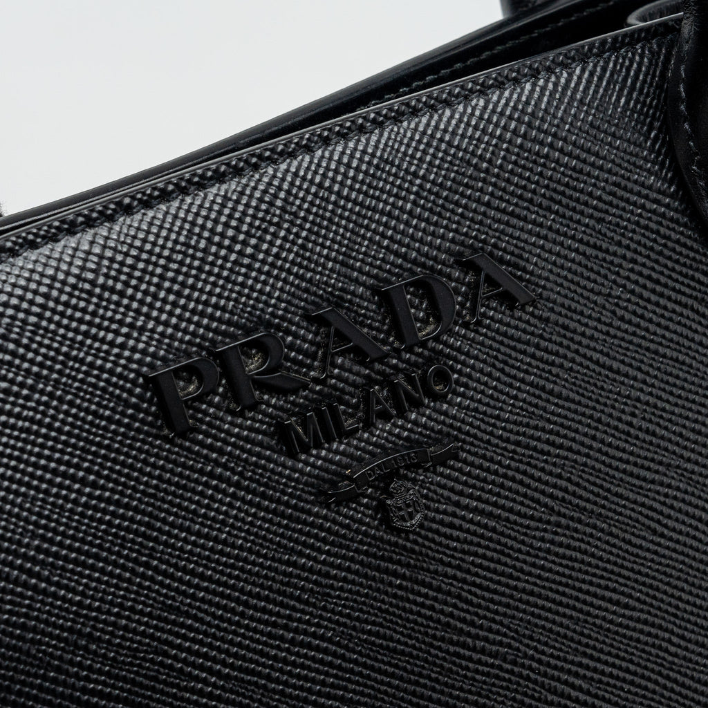 PRADA SMALL MONOCHROME TOTE BAG SAFFIANO CALFSKIN BLACK GHW