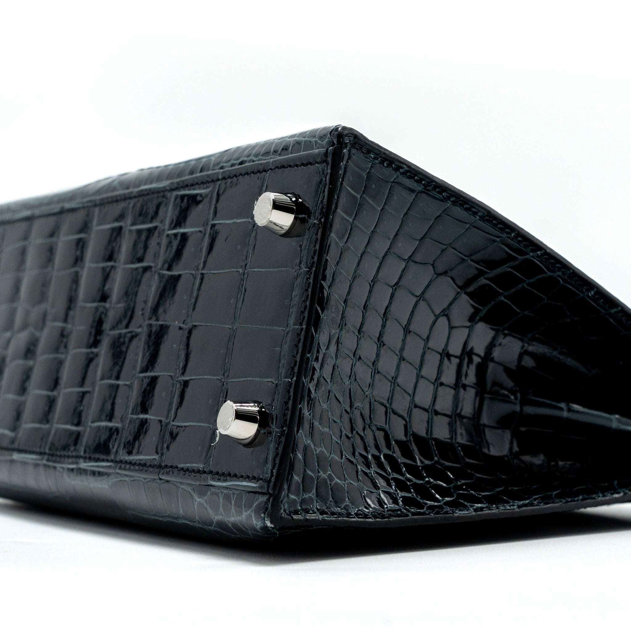 HERMES KELLY 25 SHINY CROCODILE POROUS V0 VERT ROUSSEAU SHW