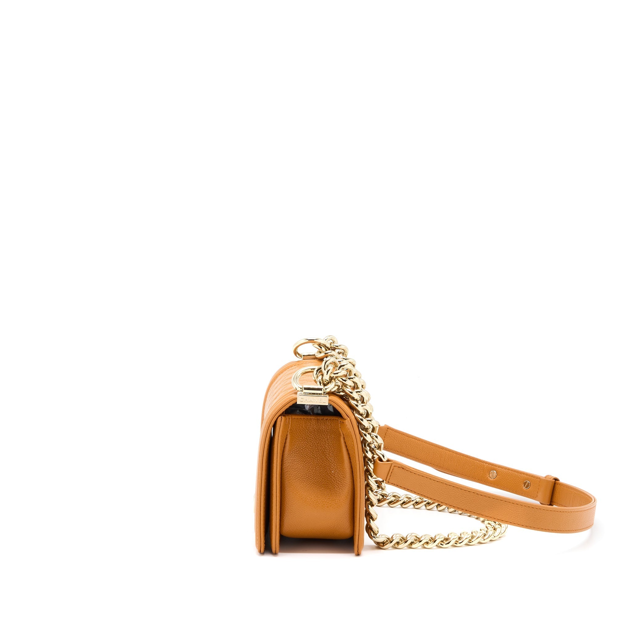 CHANEL SMALL BOY BAG CAVIAR 21A NC630 CARAMEL LGHW (MICROCHIP)