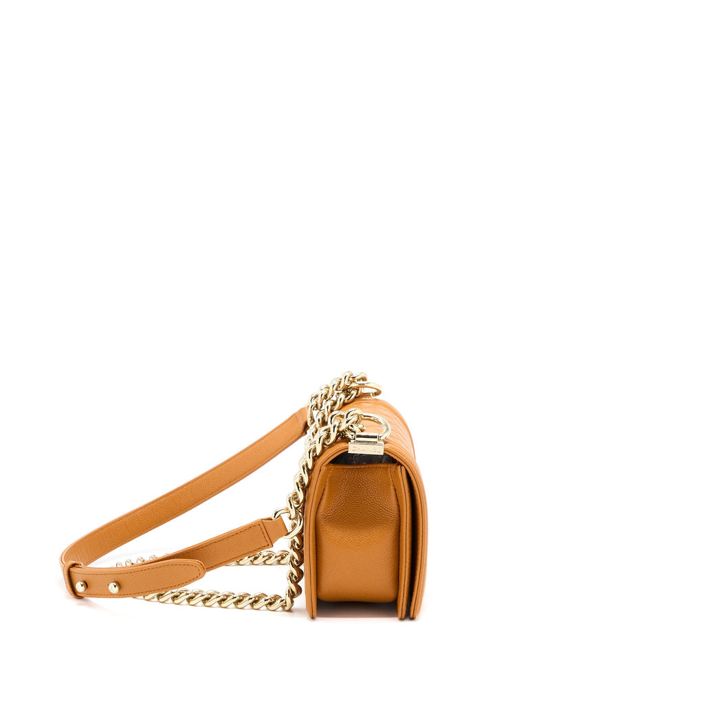CHANEL SMALL BOY BAG CAVIAR 21A NC630 CARAMEL LGHW (MICROCHIP)