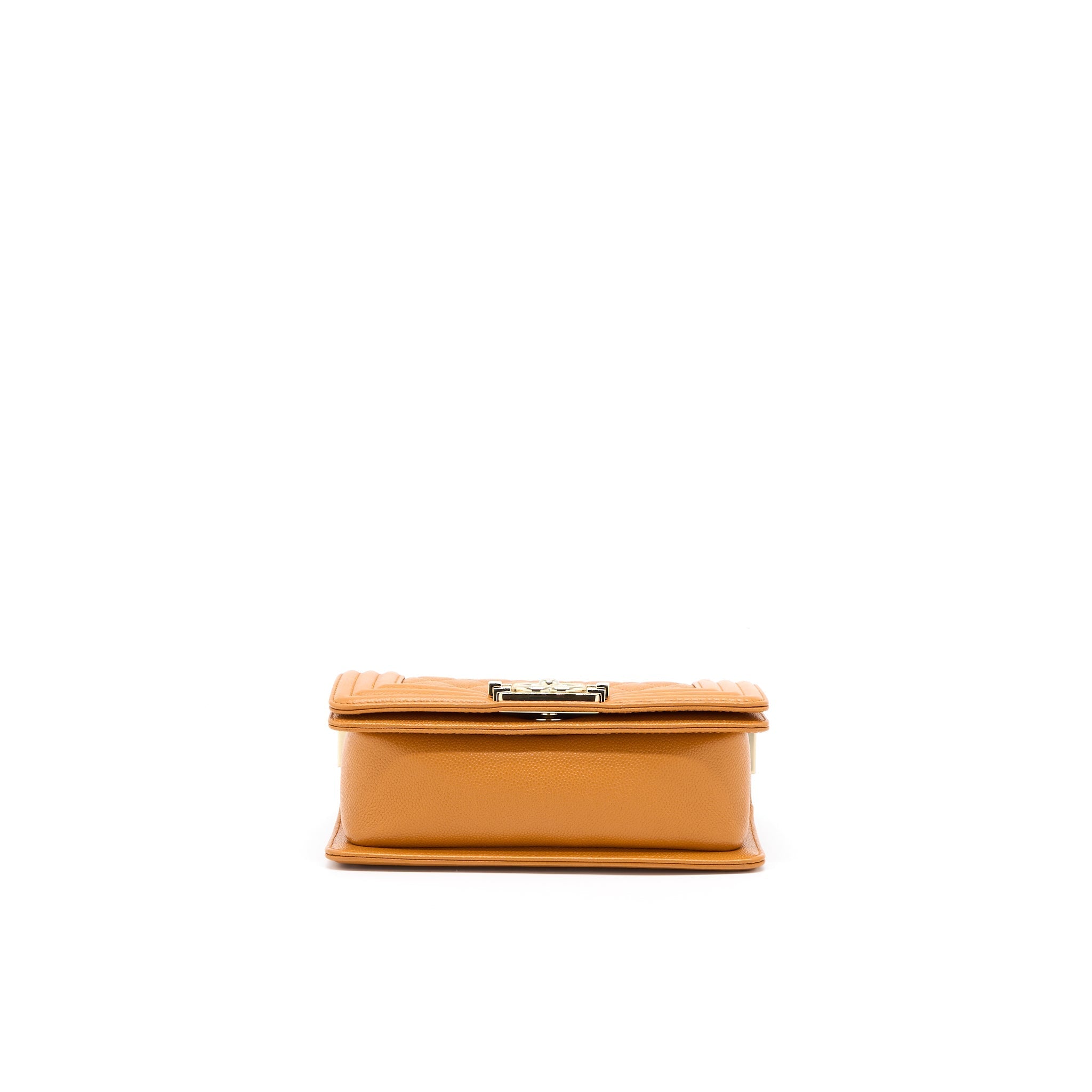 CHANEL SMALL BOY BAG CAVIAR 21A NC630 CARAMEL LGHW (MICROCHIP)