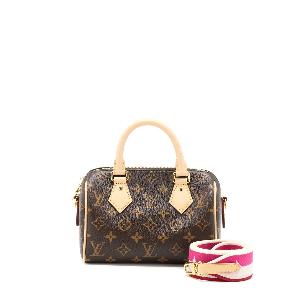 LOUIS VUITTON SPEEDY BANDOULIERE 20 MONOGRAM CANVAS WITH FUCHSIA STRAP