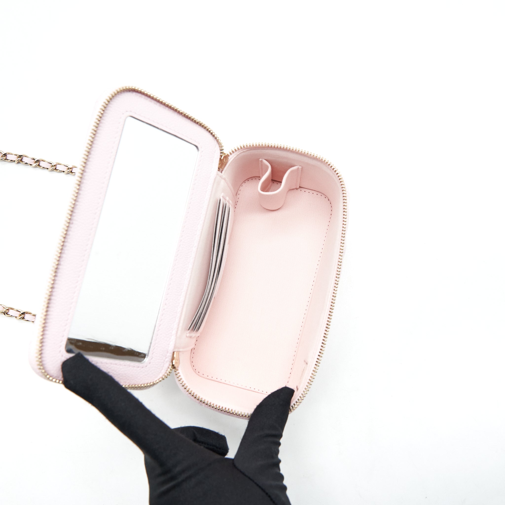 CHANEL 22P LONG VANITY CASE WITH LOGO CHAIN CAVIAR LIGHT PINK LGHW