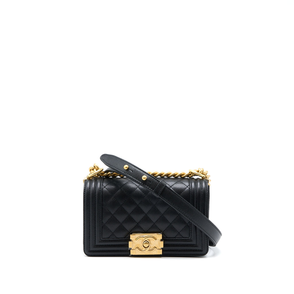 CHANEL SMALL BOY BAG CAVIAR BLACK WITH BRUSHED GHW(MICROCHIP)