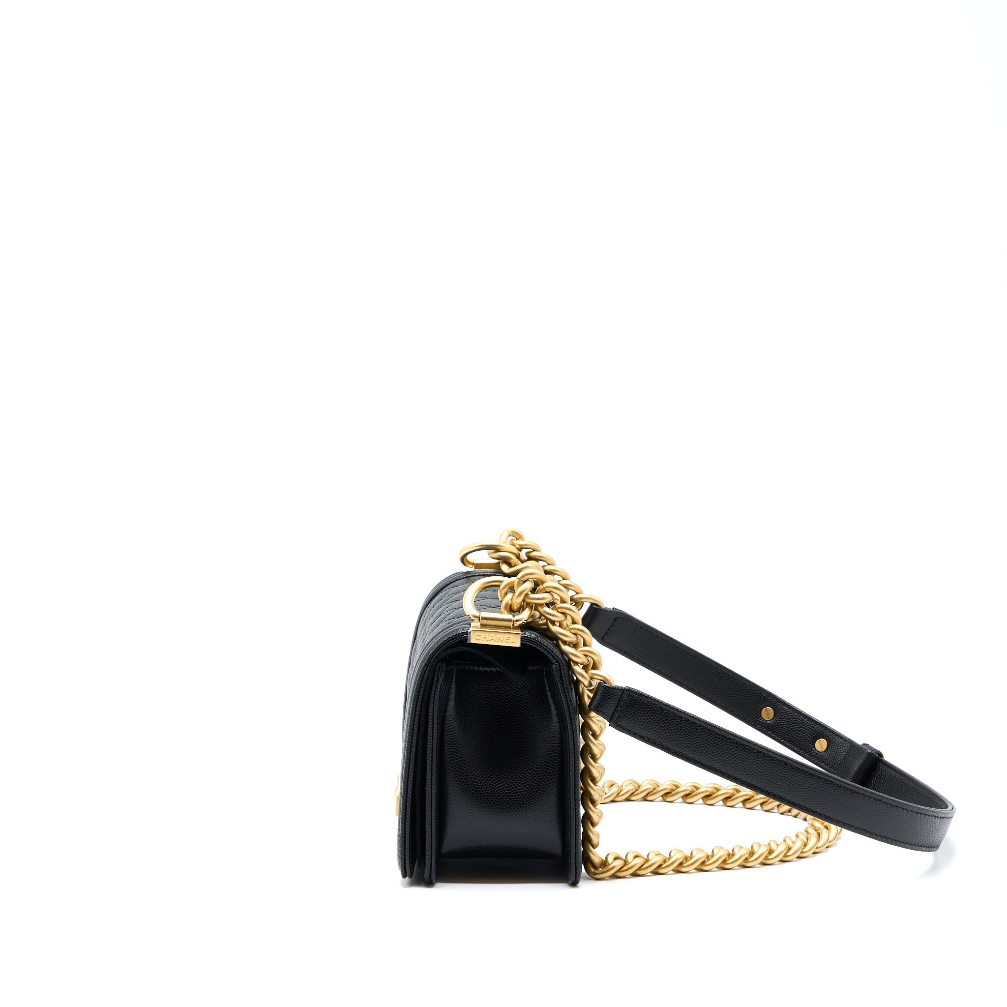 CHANEL SMALL BOY BAG CAVIAR BLACK WITH BRUSHED GHW(MICROCHIP)