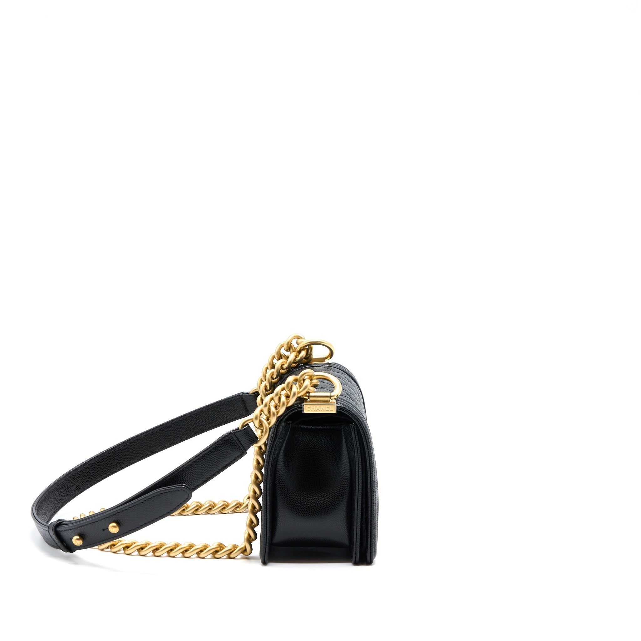 CHANEL SMALL BOY BAG CAVIAR BLACK WITH BRUSHED GHW(MICROCHIP)