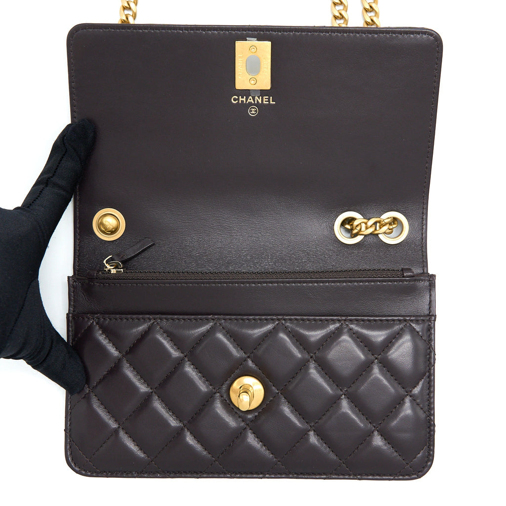 CHANEL GOLD PILLAR WALLET ON CHAIN LAMBSKIN DARK BROWN BRUSHED GHW(MICROCHIP)