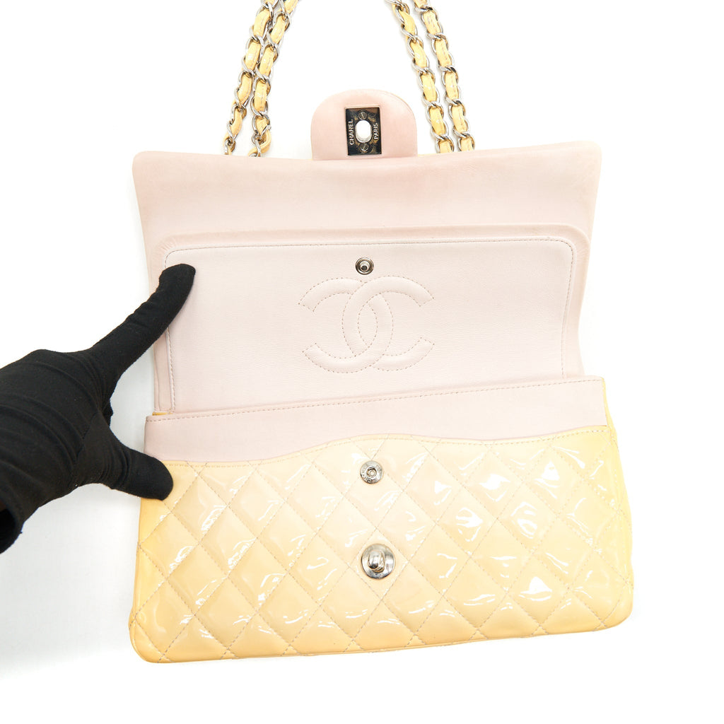 CHANEL MEDIUM CLASSIC DOUBLE FLAP BAG YELLOW PATENT SHW