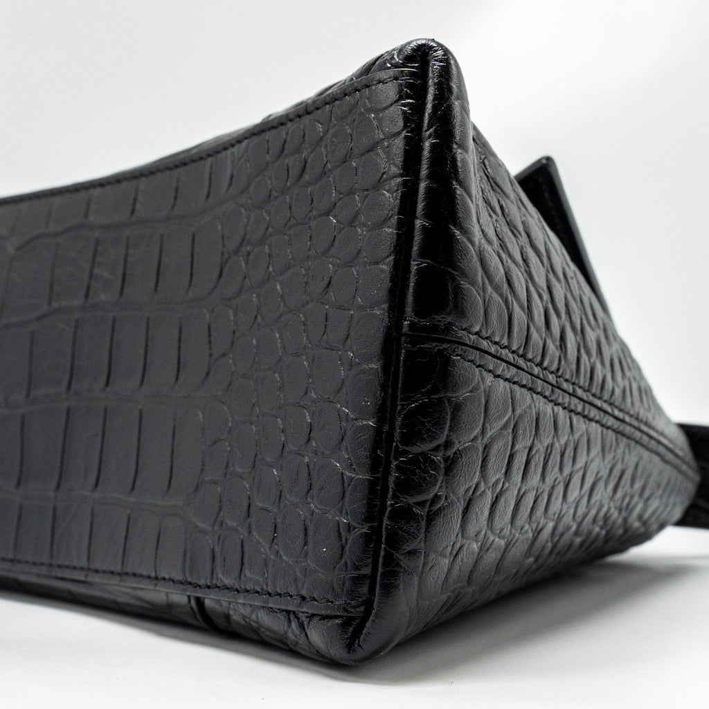 BALENCIAGA LIMITED EDITION DOWNTOWN SMALL SHOULDER BAG CROC-EMBOSSED CALFSKIN BLACK WITH BLACK HARDWARE