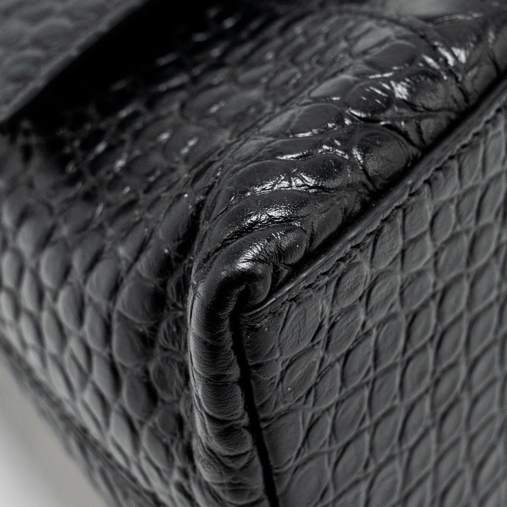 BALENCIAGA LIMITED EDITION DOWNTOWN SMALL SHOULDER BAG CROC-EMBOSSED CALFSKIN BLACK WITH BLACK HARDWARE