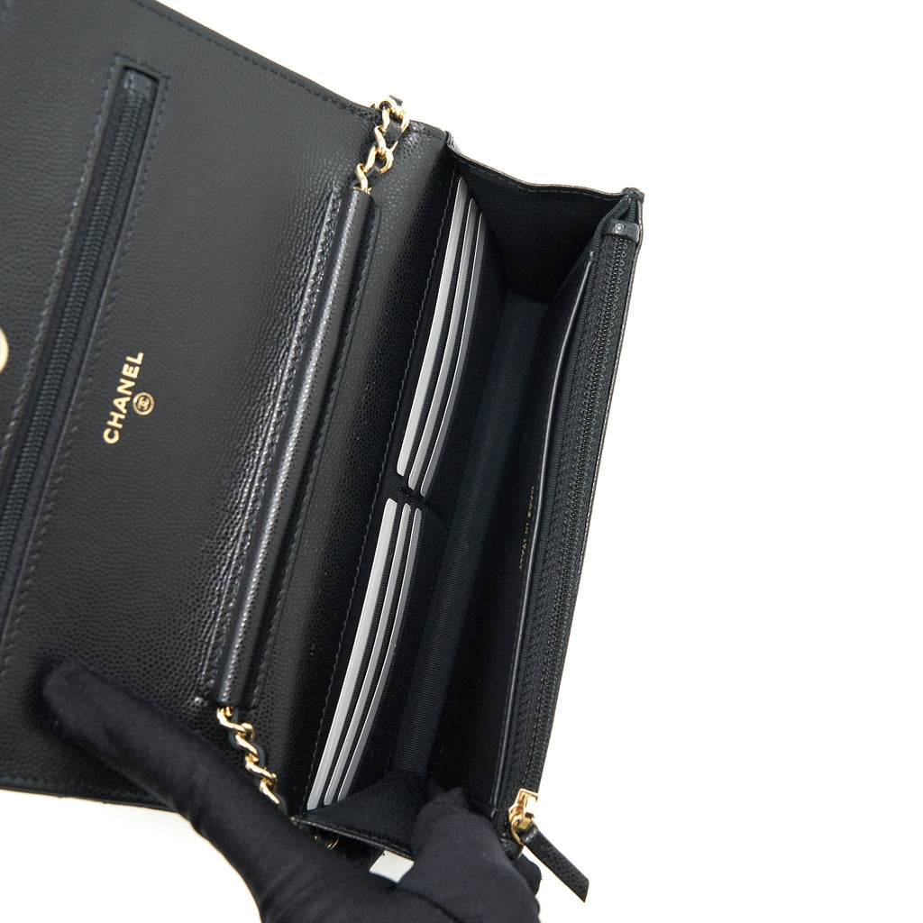 CHANEL 22S DETAIL CC LOGO WALLET ON CHAIN CAVIAR BLACK LGHW (MICROCHIP)