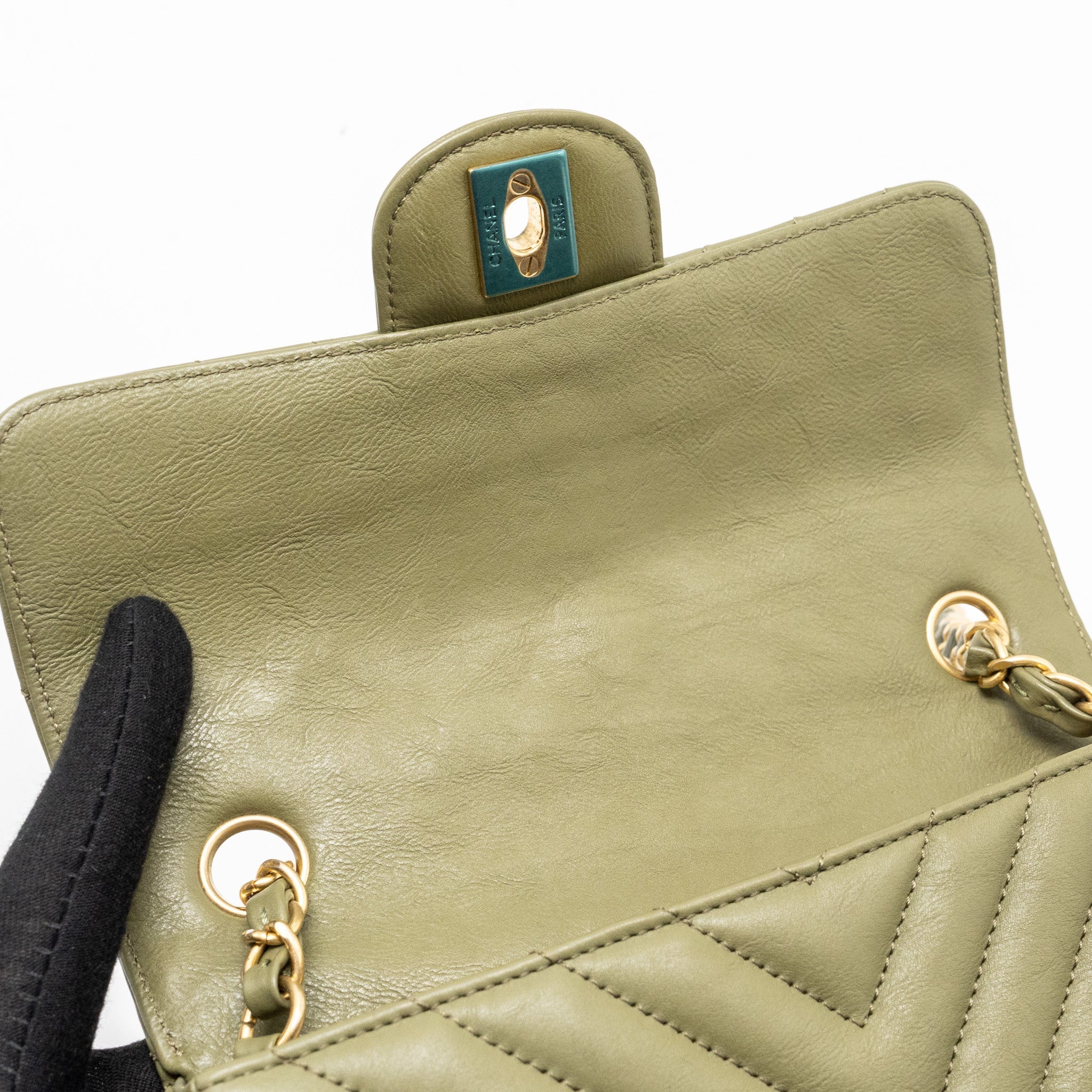 CHANEL CHEVRON MINI RECTANGULAR FLAP BAG CALFSKIN KHAKI GHW