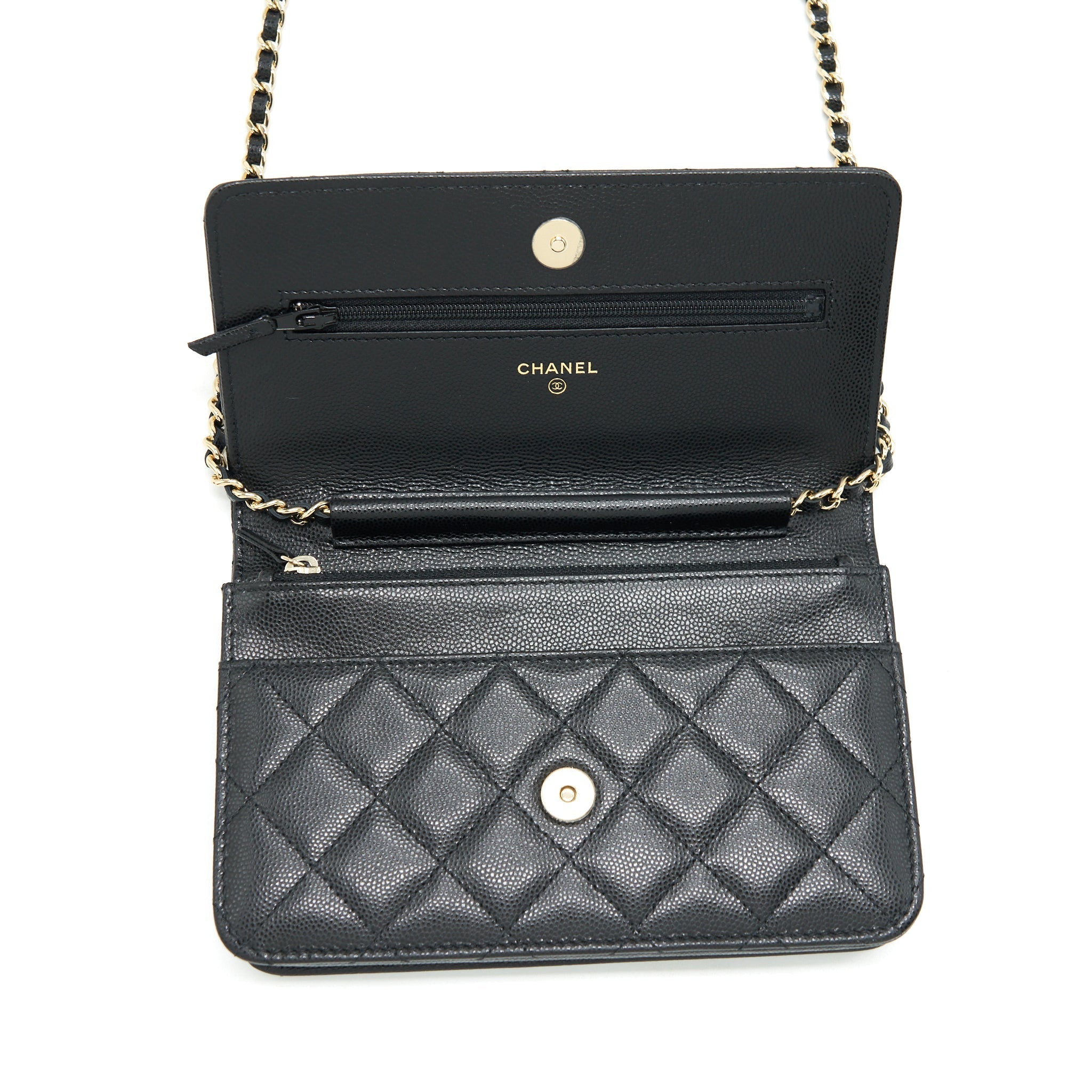 CHANEL 22S DETAIL CC LOGO WALLET ON CHAIN CAVIAR BLACK LGHW (MICROCHIP)