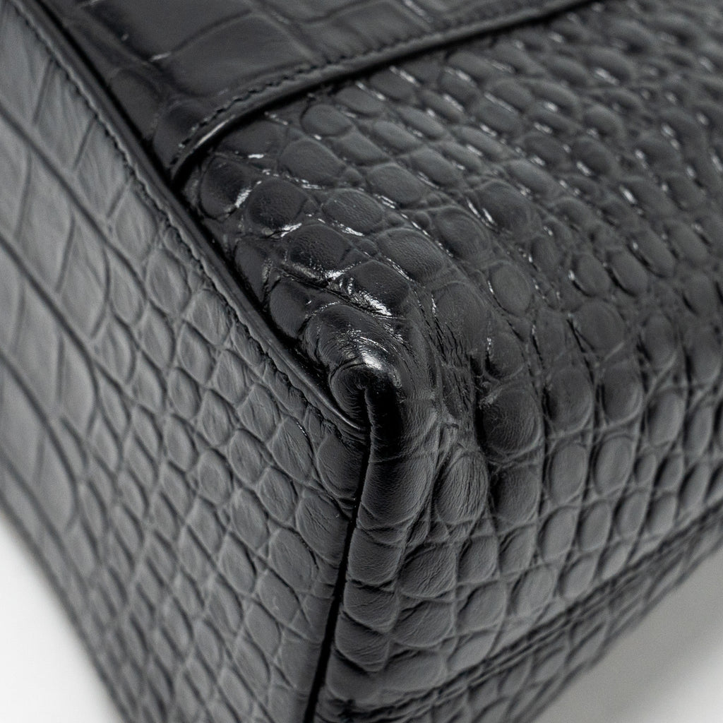 BALENCIAGA LIMITED EDITION DOWNTOWN SMALL SHOULDER BAG CROC-EMBOSSED CALFSKIN BLACK WITH BLACK HARDWARE