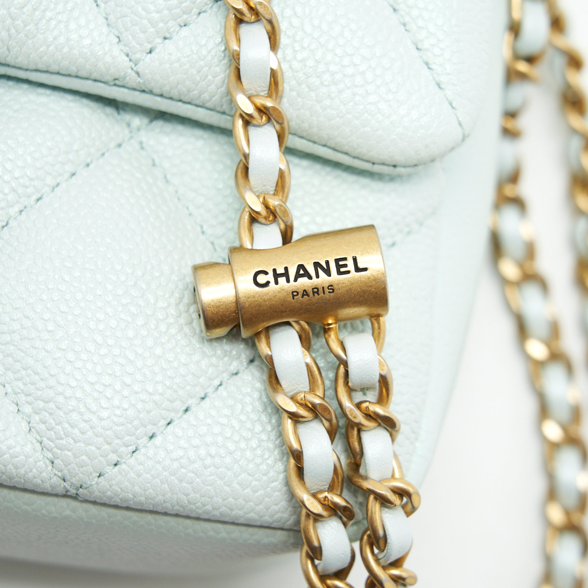 CHANEL 21K MY PERFECT MINI FLAP BAG CAVIAR IRIDESCENT PASTEL GREEN GHW (MICROCHIP)