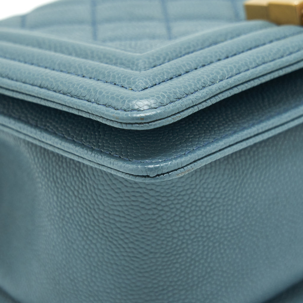CHANEL SMALL BOY BAG CAVIAR GREYISH BLUE BRUSHED GHW