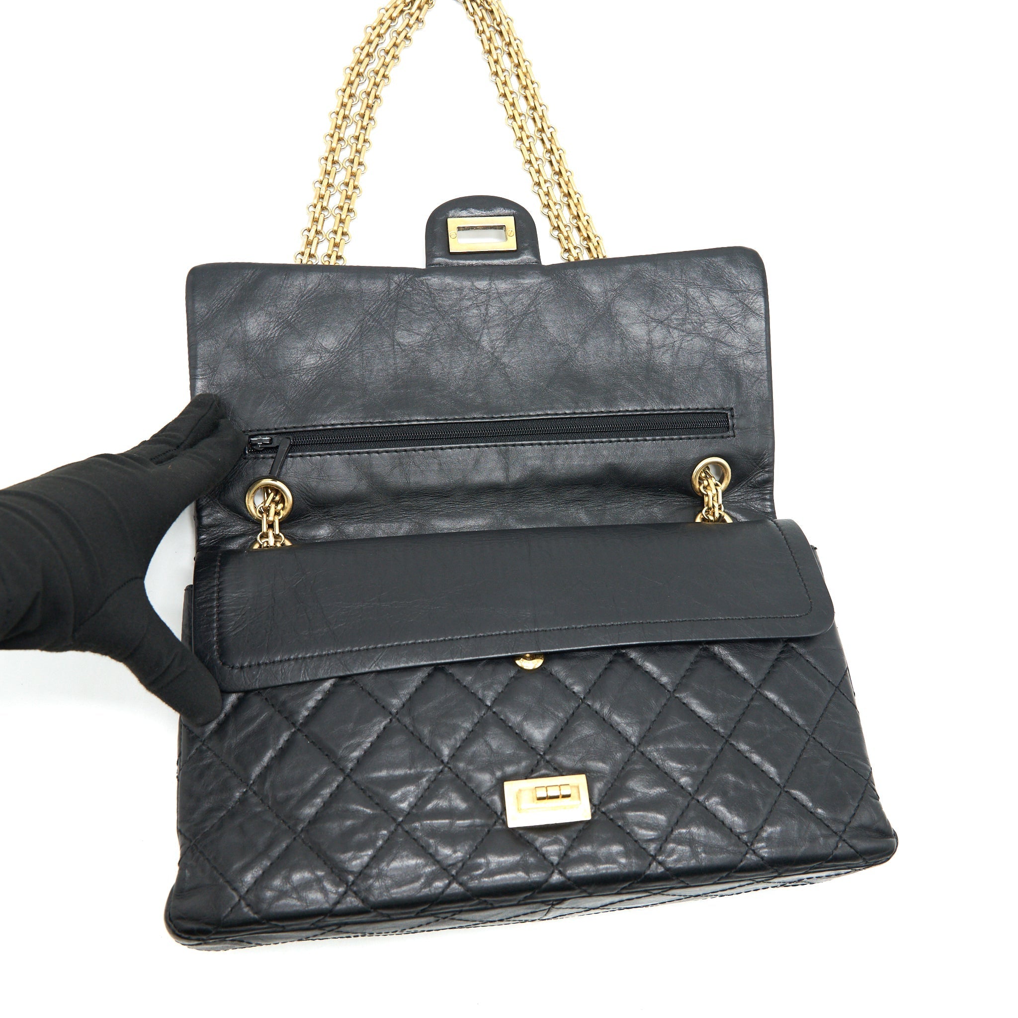 CHANEL 2.55 226 REISSUE FLAP BAG AGED CALFSKIN IN BLACK GHW
