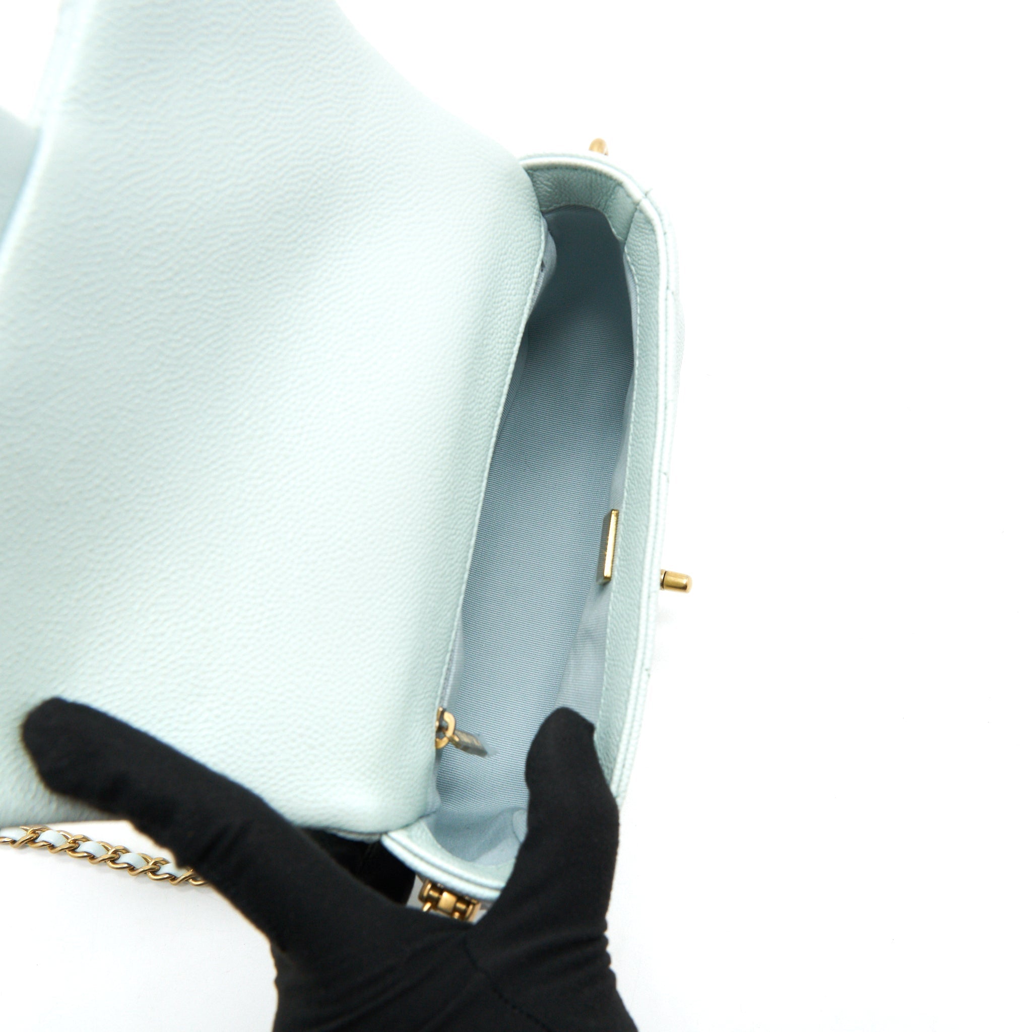 CHANEL 21K MY PERFECT MINI FLAP BAG CAVIAR IRIDESCENT PASTEL GREEN GHW (MICROCHIP)
