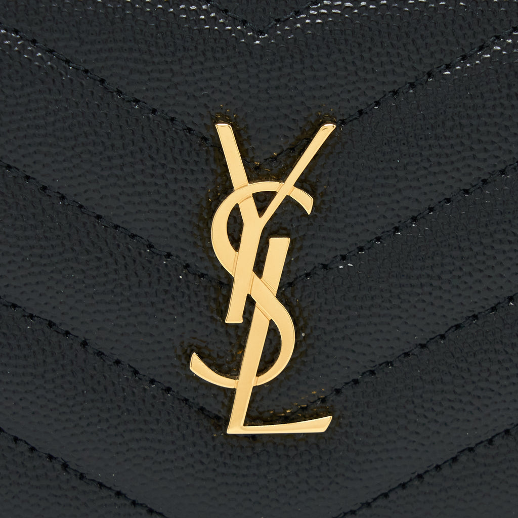 SAINT LAURENT / YSL PEBBLED LOGO PLAQUE CARDHOLDER GRAINED CALFSKIN BLACK GHW