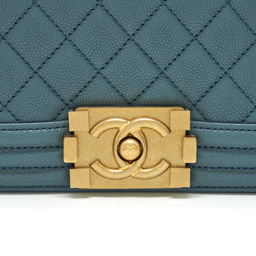 CHANEL SMALL BOY BAG CAVIAR GREYISH BLUE BRUSHED GHW