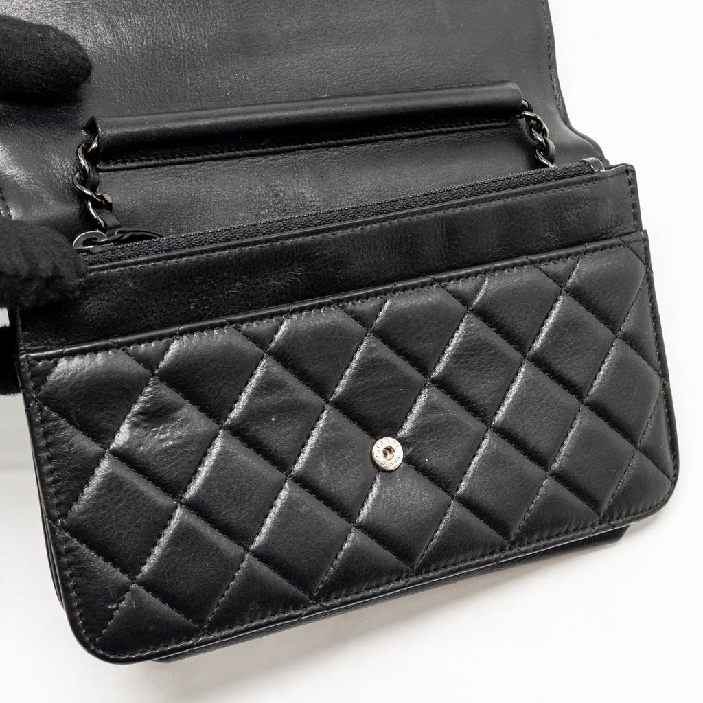 CHANEL BOY WALLET ON CHAIN CALFSKIN BLACK WITH BLACK HARDWARE