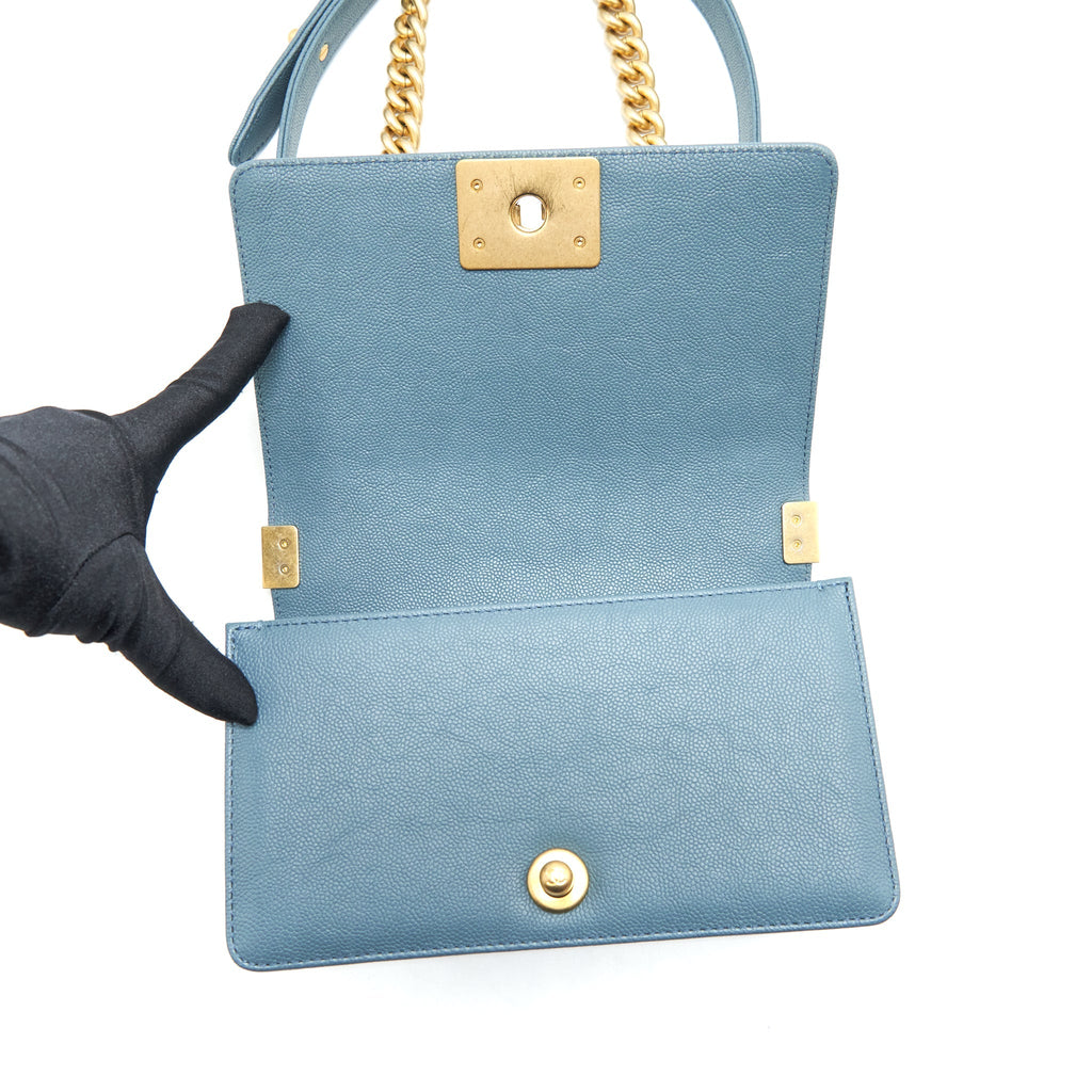 CHANEL SMALL BOY BAG CAVIAR GREYISH BLUE BRUSHED GHW